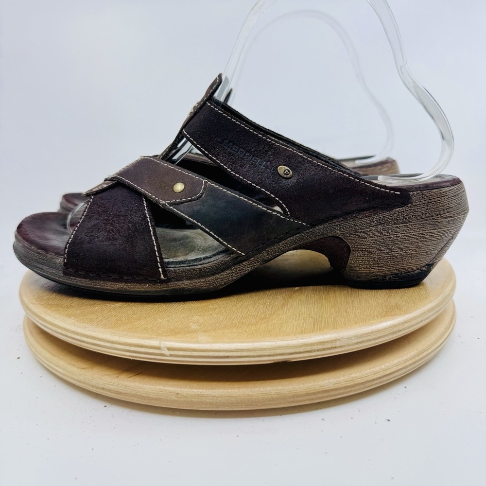 Merrell Luxe Shoes Womens 8 Brown Leather Wedge Strappy Slide Sandals Y2K chunky